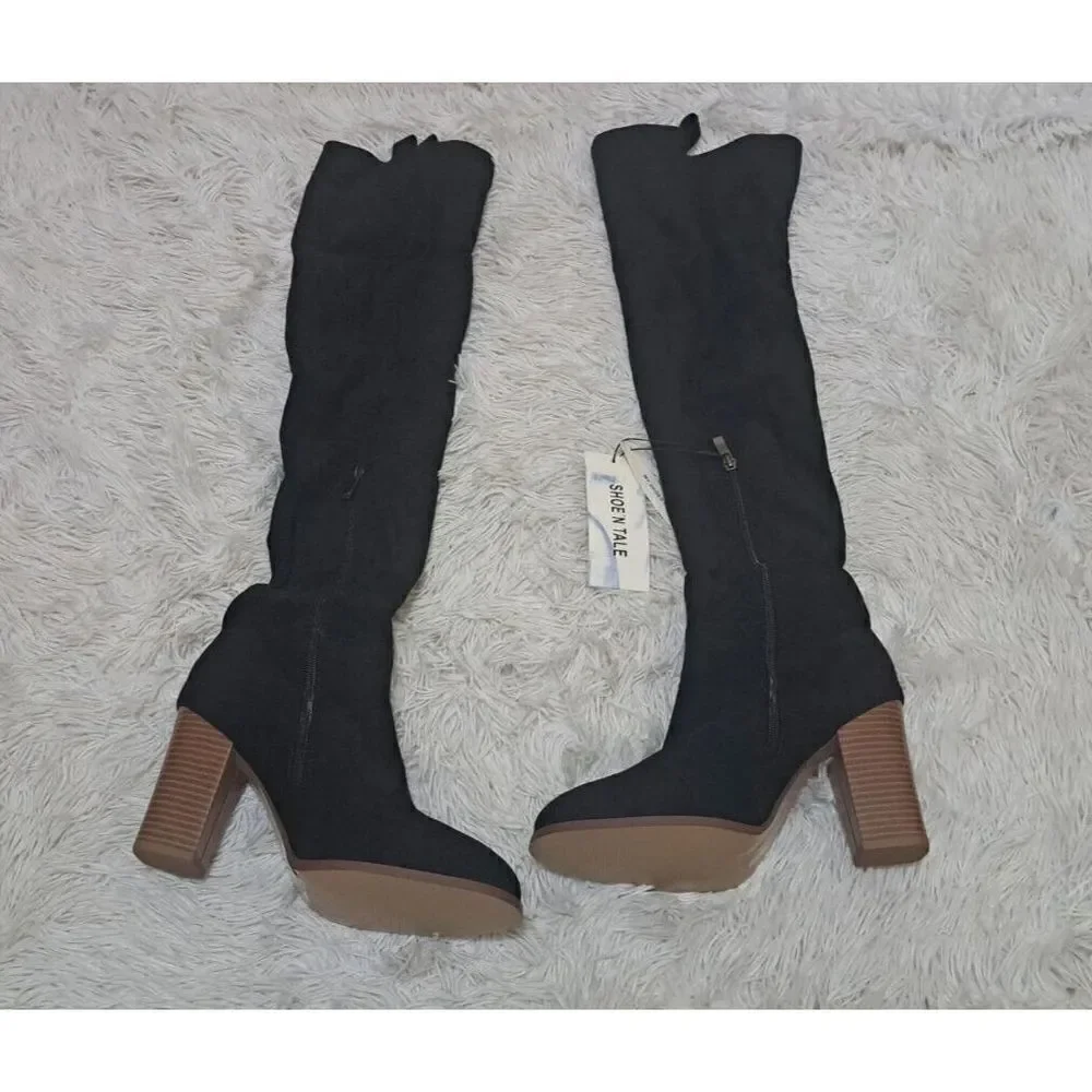 Shoe'N Tale Boots Women Black Faux Suede Chunky Heel  Over‎ The Knee Thigh High